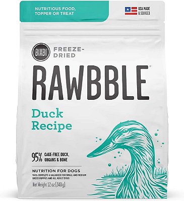 Alimento para cães BIXBI Rawbble Freeze Dried, Receita de Pato, 12 oz - 95% de Carne e Órgãos, Sem Preenchedores - Alimento para cães crus, amigável à despensa, para