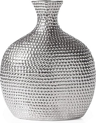 Vaso de cerâmica cromada Helio Chrome da Torre & Tagus - Vasos de cerâmica prateada para decoração | Vaso alto para exposição de centro | Feito à mão com um padrão em alto relevo e acabamento não man