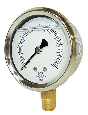 Manômetro de pressão com glicerina e montagem inferior PIC Gauges 201L-404D com caixa de aço inoxidável, internos de latão, moldura de aço inoxidável, lente de PC, mostrador de 4, fa
