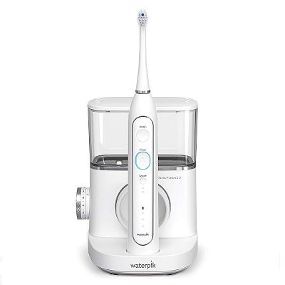 Escova de Dentes Elétrica Waterpik Sonic-Fusion 2.0 Professional com Fio Dental, Combo de Escova de Dentes Elétrica e Irrigador Bucal 2 em 1, Branco