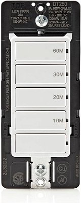 Interruptor de Contagem Regressiva Leviton DT260-1LW para luzes domésticas de banheiro, 10-20-30-60 min, Fio Neutro Necessário, 20A, 1HP/16A Ventilador/Motor