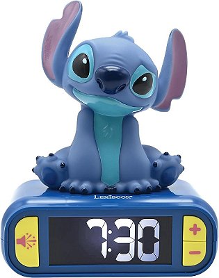 Relógio despertador noturno luminoso com som e melodias da Disney Stitch da Lexibook, tela LCD iluminada, soneca, azul, RL800D