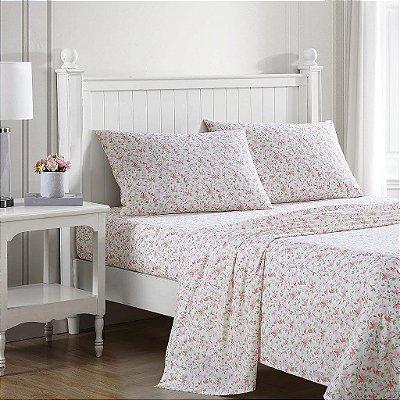 Laura Ashley - Lençóis de cama de algodão percal, jogo de cama, decoração de casa fresca e aconchegante (Norella Pink, full)