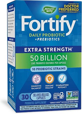 Nature's Way Fortify Probiótico Diário + Prebiótico para Homens e Mulheres, 50 Bilhões de Culturas Vivas, Suplemento de Suporte Digestivo e Imunológico de Força Extra, 30 Cápsulas