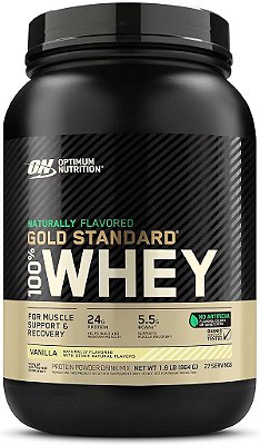 Proteína em pó Gold Standard 100% Whey da Optimum Nutrition, Sabor Baunilha Natural, 1,9 libras (Embalagem pode variar)