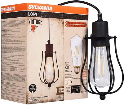 Luminária de Pendente LED Vintage SYLVANIA Lowell com Lâmpada de Filamento Dimmable Clear 60W = 8,5W ST19 Edison, Acabamento Preto, Cabo e Plugue de 15' (60142)