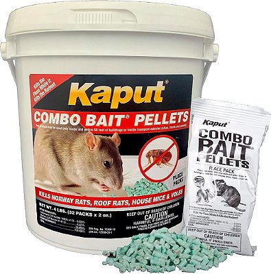 Isca em Pellets KAPUT para Ratos, Camundongos e Toupeiras - Mata Roedores e Suas Pulgas! | (32 embalagens de 2oz)