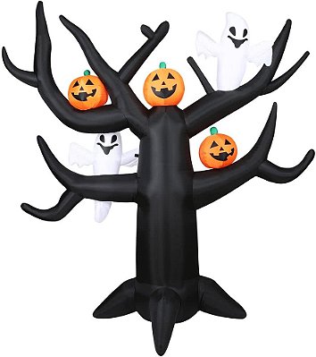 Árvore assombrada de Halloween inflável de 8 pés da Haunted Hill Farm com fantasmas, abóboras e luzes LED | Decorações assustadoras para feriados festivos | Inclui compressor, cordas e estacas | HISPK