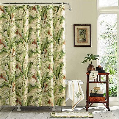 Tommy Bahama - Cortina de chuveiro de tecido, Decoração estilosa de banheiro listrada, Furos de gancho na parte superior (Palmiers Green, 72 x 72)