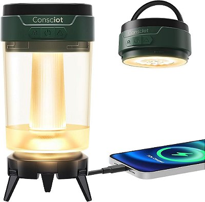 Lanterna de acampamento LED Consciot, recarregável via USB-C, 5 modos de luz, 3 temperaturas de cor, bateria de 4400mAh | Design sem desmontagem e magnético | Lanterna ajustável e luz noturn