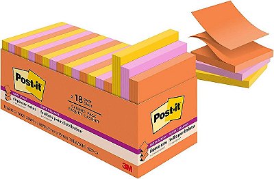 Notas adesivas Super Sticky Post-it, 3x3 pol, 18 blocos, 2x mais aderência, Coleção Energia, Cores Vivas, Reciclável (R330-18SSAUCP)