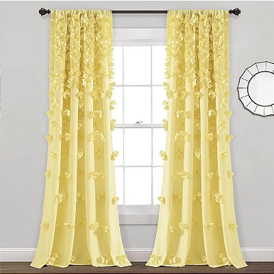 Painel de cortina de janela Lush Decor Riley - Detalhes de laço feitos à mão encantadores - Cortina única elegante para sala de estar, sala de jantar ou quarto - 54 L x 95 A, Amarelo