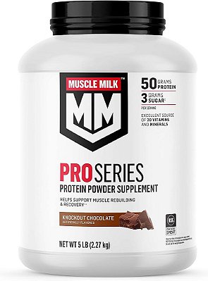 Suplemento em Pó de Proteína Muscle Milk Pro Series, Chocolate Nocaute, 5 Libras, 28 Porções, 50g de Proteína, 3g de Açúcar, 20 Vitaminas e Minerais, Certificado NSF para Es