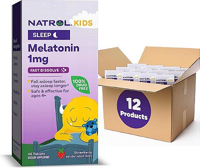 Tabletes Natrol Kids 1mg Melatonina Rápida Dissolução Auxiliar do Sono, com Melissa, Suplemento para Crianças a partir de 4 anos, Livre de Medicamentos, Dissolve na Boca, 40 Tabletes com Sabor de