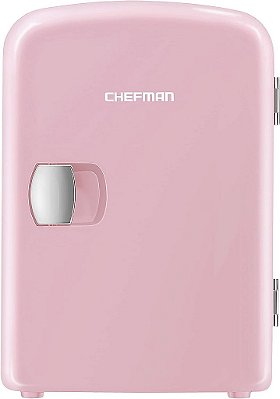 Chefman - Iceman Mini Geladeira Pessoal Portátil Rosa Resfria ou Aquece e Oferece Armazenamento Compacto para Cuidados com a Pele, Lanches ou 6 Latas de 12oz com Capacidade Leve de