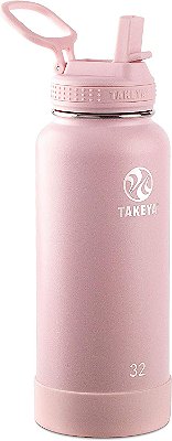 Garrafa de água isolada de aço inoxidável Takeya Actives com tampa de canudo, 32 onças, rosa.