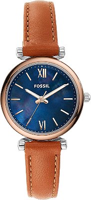 Relógio para mulheres Fossil Carlie Mini com pulseira de aço inoxidável ou couro.