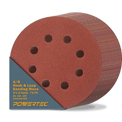 Discos de lixa PowerTec 45053 75PK, 5 polegadas, 8 furos, gancho e laço, 60/120/240, grãos variados, para lixadeiras orbitais aleatórias