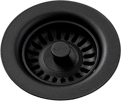 Adaptador de drenagem de polímero Elkay LKQS35CA com coador removível e tampa de borracha, Caviar.