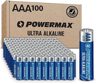 Pilhas Powermax AAA 100 Contagem, Pilhas Alcalinas de Longa Duração, Vida Útil de 10 Anos, Embalagem Reciclável