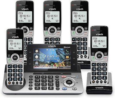 Telefone sem fio de 5 terminais VTech IS8251-5 para escritório em casa, display colorido de 5 polegadas, teclas de atalho programáveis, bloqueio inteligente de chamadas, sistema de atendimento, conexão Bluetooth com celular.