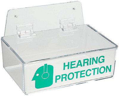 Distribuidor Compacto de Protetor Auricular em Acrílico Verde Transparente, com Tampa, Brady 2019L 3 Altura, 9 Largura, 6 Profundidade, com a Legenda Proteção Auditiva (