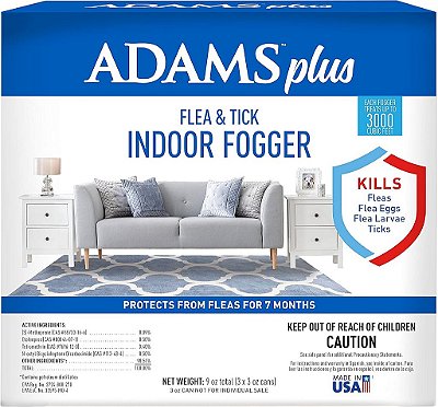 Adams Plus Fogger Antipulgas e Carrapatos para Ambientes Internos, 3 latas de 3 oz, Mata Pulgas, Ovos de Pulgas, Formigas, Moscas, Vespas, Baratas, Mosquitos e Muitas Out