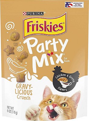 Petiscos para gatos Friskies da Purina, feitos em instalações dos EUA, Party Mix Crunch Sabores de Frango e Molho de Gravylicious - (6) Pouches de 6 oz.
