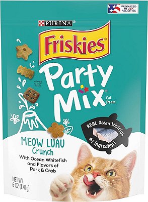 Petiscos para gatos Purina Friskies, fabricados em instalações nos EUA, Party Mix Meow Luau Crunch - Pote de 6 oz.