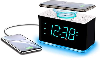 Rádio-relógio de alarme duplo Emerson ER100401 Smartset 15Watt com carregamento sem fio ultra-rápido, alto-falante Bluetooth, carregador USB, luz noturna de LED ciano e display de 1,4