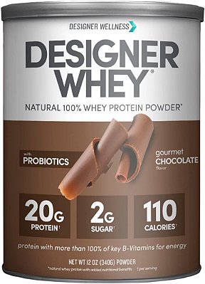 Designer Bem-estar Designer Whey Natural 100% Proteína em Pó de Soro de Leite com Probióticos, Fibras e Vitaminas B-Chave para Energia, Sem Glúten, Não-OGM, Chocolate Gourmet 12 oz