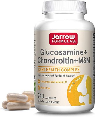 Fórmulas Jarrow Glucosamina + Condroitina + MSM - 240 Cápsulas - 60 Porções - Suplemento de Suporte Articular - Cápsulas de Glucosamina Condroitina MSM - Com Vitamina C e M