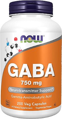 Suplementos NOW, GABA (Ácido γ-Aminobutírico) 750mg, Suporte Neurotransmissor*, 200 Cápsulas Vegetais.