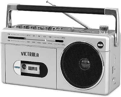 Victrola VBB-25-SLV Mini Bluetooth Boombox com tocador de fita cassete, gravador e rádio AM/FM, prateado