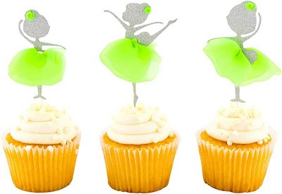 Topo de bolo Dançarina Cupcake Toppers para Restaurante, 100 Topos de bolo de bailarina de bola de glitter - Tutu verde neon, para aniversários ou chás de bebê, topos de bolo de cupcake de papel