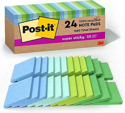 Notas adesivas Post-it 100% Recycled Paper Super Sticky, 2X mais poder de adesão, 3x3 pol, 24 blocos, 70 folhas/bloco, Coleção Oasis (654R-24SST-CP)