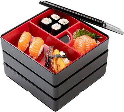Caixa Bento Estilo Japonês Quadrada Preta e Vermelha Bento Tek da Restaurantware - 4 Compartimentos, 3 Camadas - 8 1/4 x 8 1/4 x 6 - Caixa com 1