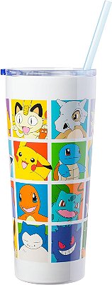Caneca térmica de aço inoxidável de parede dupla com canudo e estampa de personagens Pokémon da Silver Buffalo, 22 onças