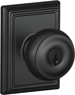 Maçaneta da porta georgiana Schlage F51A GEO 622 ADD com guarnição Addison, fechadura de entrada com chave, preto fosco