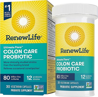 Cápsulas de Probióticos Renew Life Probiotic Colon Care, Suplemento Diário Oferece Suporte ao Cólon, L. Rhamnosus GG, Livre de Laticínios, Soja e Glúten, 80 Bilhões de