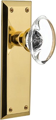 Placa de Nova Iorque da Nostalgic Warehouse com Maçaneta Oval de Cristal Transparente, Simples Inativo, Latão sem Verniz
