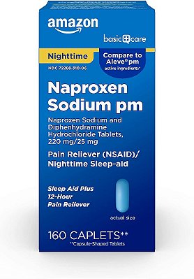 Socorro básico da Amazon para alívio da dor durante a noite, Naproxeno Sódico, 220 mg/Cloridrato de difenidramina, 25 mg comprimidos, alívio da dor/auxílio para dormir