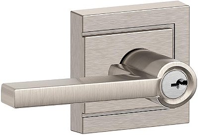 Trinco de entrada com alavanca com chave Latitude SCHLAGE F51A LAT 619 ULD com acabamento em níquel acetinado
