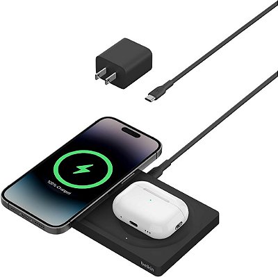 Base de carregamento sem fio rápido Belkin BoostCharge Pro 2 em 1 compatível com iPhone, AirPods e dispositivos MagSafe - Preto