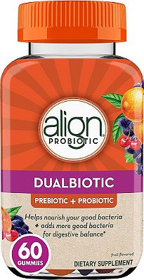 Alinhar DualBiotic, Prebiótico + Probiótico para Mulheres e Homens, Ajuda a Nutrir e Adicionar Boas Bactérias para Apoiar a Digestão, Sabores Naturais de Frutas, 60 Gomas de Gel