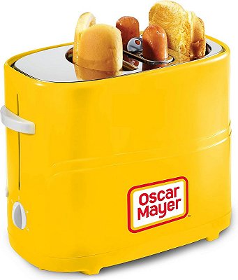 Torradeira Oscar Mayer de 2 slots para cachorro-quente e pão com mini pegadores, a torradeira de cachorro-quente funciona com frango, peru, salsichas e linguiças vegetarianas e amarelas.