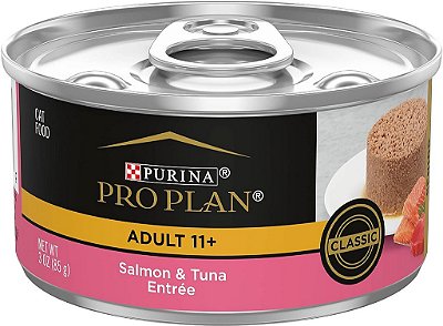 Alimento úmido para gatos idosos Purina Pro Plan Pate High Protein, Sênior 11+ Entrega de Salmão e Atum - Lata de 3 oz. com tampa abre fácil