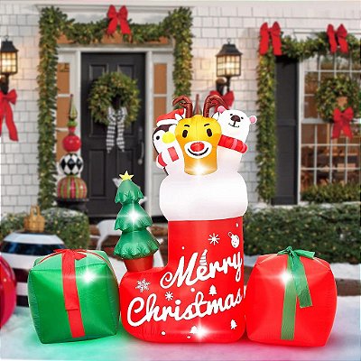 Decoração de Natal inflável ao ar livre de 8 pés, Animal inflável em meia de Natal com caixa de presente, Animal iluminado em pé sobre meias de Natal com luzes de LED para decorações de Natal ao ar livre, quintal.