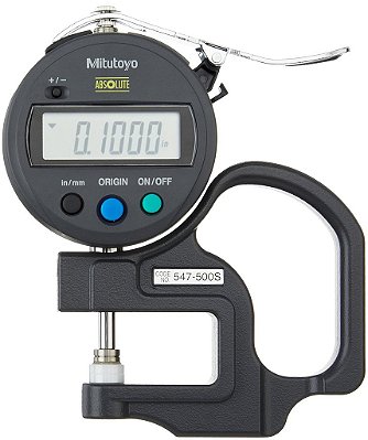 Paquímetro de espessura digital Mitutoyo 547-500S com bigorna plana, tipo ID-S padrão, faixa de 0-0.47 (0-12mm) em polegadas/métrico, resolução de 0