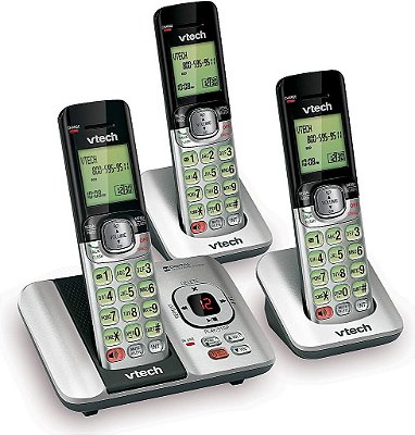 Telefone sem fio expansível com sistema de atendimento, identificação de chamadas/chamada em espera e visor/iluminação retroiluminada, prateado, com 3 bases.